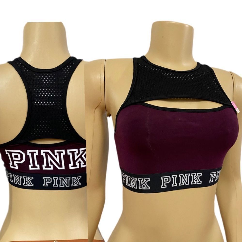 Victorias Secret Pink Sport Cotton Unlined High Neck Crop bra black wine Small